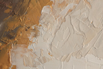 Stucco oil and acrylic smear blot canvas painting wall. Abstract texture pastel gold, bronze, beige color stain brushstroke texture background.