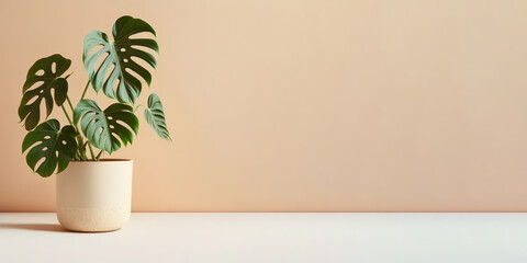 Monstera deliciousa in pot aesthetic decor. Beige wall background. Front view place for text, copy space, empty space. Generative AI