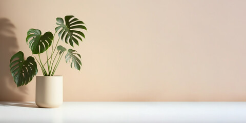Monstera deliciousa in pot aesthetic decor. Beige wall background. Front view place for text, copy space, empty space. Generative AI