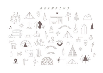 Big easily changed line glamping illustrations set for create template design