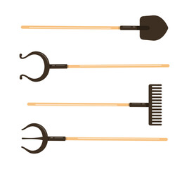 Vintage or antique garden tools vector illustrations set. Cartoon drawings of old or retro spade, grabber for cast iron pots, rake on white background. Countryside, gardening, household concept