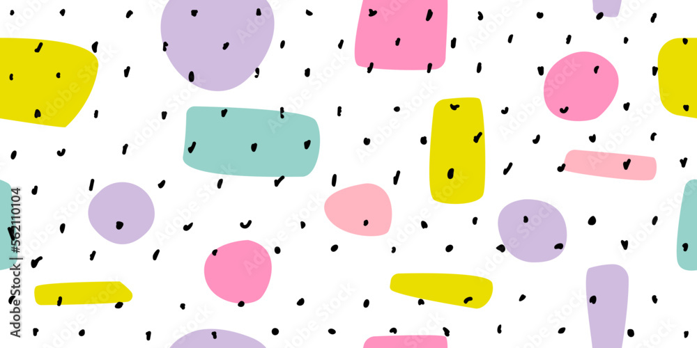 Poster colored elements on the background and black polka dots. hand drawn casual and funny simple pattern 