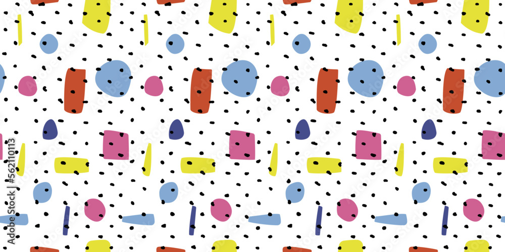 Poster Pattern is abstract and casual. Colored elements on the background and black polka dots. Hand drawn casual and funny simple pattern or wallpaper.