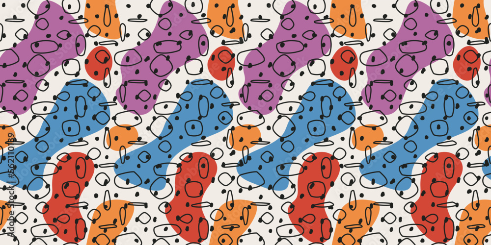 Poster The pattern is abstract and casual with colored elements on the background and black polka dots. Vector seamless pattern for print.