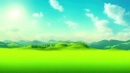 Naklejka na ściany i meble Green hill under blue cloudy sky white sun.