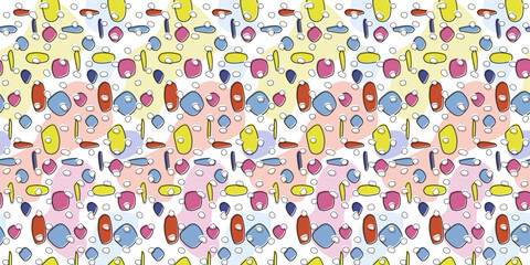 The pattern is abstract and casual with colored elements on the background and white polka.