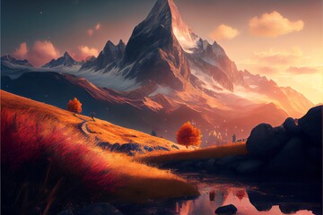 Idyllic alpine mountain peak landscape at sunset. Generative AI