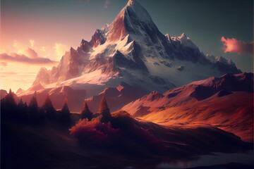 Idyllic alpine mountain peak landscape at sunset