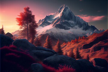 Idyllic alpine mountain peak landscape at sunset