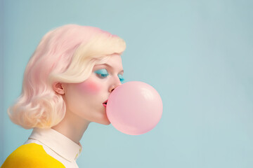 Illustrated portrait of a young blonde girl chewing pink gum and making bubble gum balloons. Fashion makeup and short hair style. Illustration. Generative AI. - obrazy, fototapety, plakaty