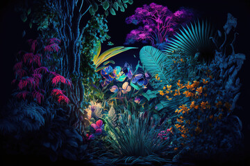 Fototapeta na wymiar Tropical jungle landscape with fresh plants, leaves and flowers. Beautiful forest, Summer botanical garden on sunny day. Illustration. Generative AI.
