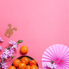 Obraz na płótnie Canvas Chinese or lunar new year square flat lay with paper decorations, mandarins and flowers on pink