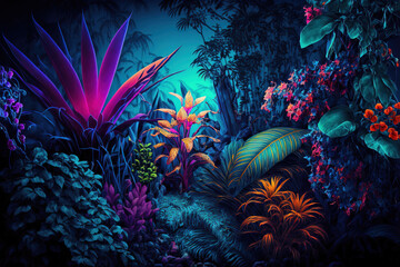 Naklejka na ściany i meble Tropical jungle landscape with fresh plants, leaves and flowers. Beautiful forest, Summer botanical garden on sunny day. Illustration. Generative AI.