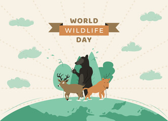 Flat World Wildlife Day with Garden and Wild Animals Nature Illustration Design