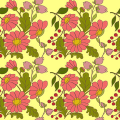 Seamless colorful background of abstract pink and lilac flowers and red berries