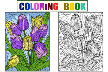Flowers tulips example. Set Color and coloring book antistress and adults. Zen-tangle style.