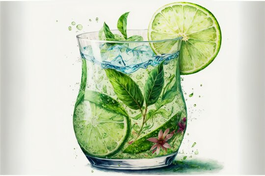 Mojito cocktail with lime, mint leaves and ice on a light background in a watercolor hand drawn style.Drink in a transparent glass goblet.AI generated.