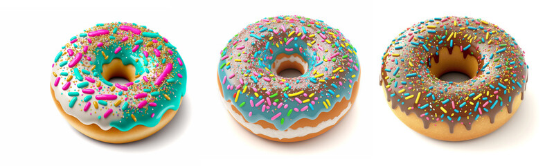 Three donuts glazed with sprinkles isolated on white background, AI generative 