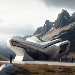 futuristic building with landscape backdrop