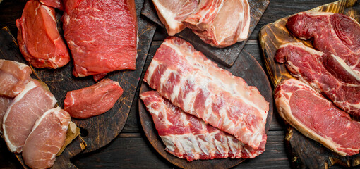 Raw meat. Different kinds of pork and beef meat.