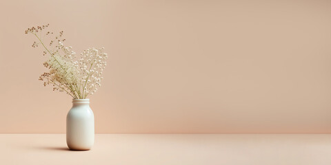 Gypsophila Flowers in Vase on Beige Wall Background - Aesthetic Home Decor with Copy Space. Generative AI