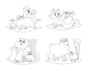 Black outline of comic animal families vector illustrations set. Collection of doodles of dog, cat, fox and sheep characters with babies on white background. Wildlife, family, care concept