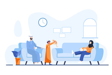 Happy Arab Muslim family leisure time in afternoon or weekend. Father boy and girl playing with the cute pat cats. Loving Relation concept cartoon flat vector Illustration
