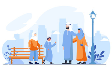 Fototapeta na wymiar Happy muslim arab people spending time on picnic outdoors. Flat vector illustration. Cartoon families getting rest in city park. Landscape, family, nature concept
