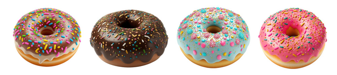 Four donuts glazed with sprinkles isolated on transparent background, PNG. AI generative