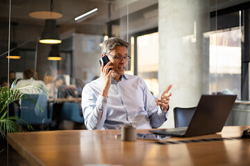 Businessman in office. Handsome man talking on phone at work