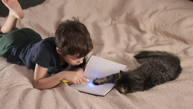 preteen boy writes in a notebook lying on the bed in the bedroom, a cat lies nearby and watches him