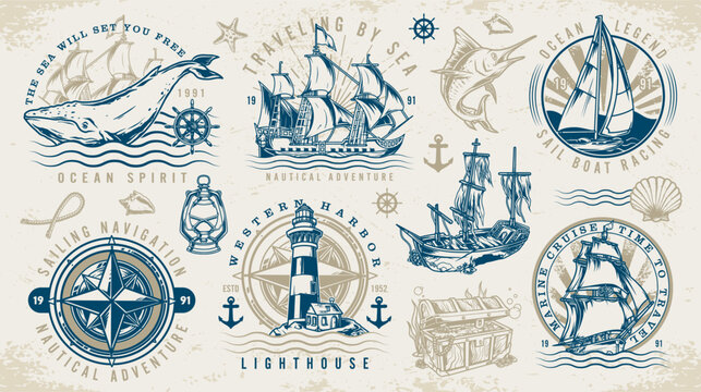 Nautical adventure colorful set emblems
