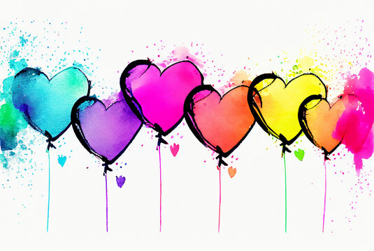 colorful hearts background, valentines day concept, watercolor illustration