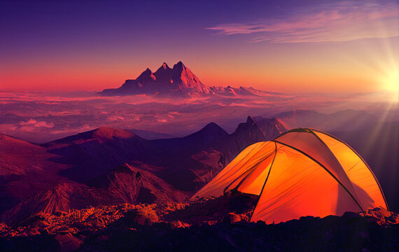 tourist tent camping in mountains at sunset, Generative AI