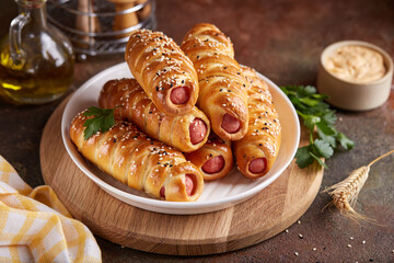 Sausages baked in a yeast dough cover. Pigs in a blanket. Fast food. Savory snack. Delicious...