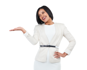 A businesswoman gesturing isolated on a PNG background.