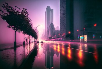 Wet night street of a futuristic city in violet neon haze. Photorealistic Generative AI illustration in cyberpunk style. Gloomy urban scene.