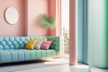 Illustration of a 3d stylized modern living room - 3d -  pastel colors - Created with generative ai