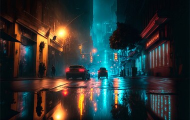 Generative AI photorealistic illustration of a Rainy foggy night on a street of a cyberpunk city. Huge neon skyscrapers. Wet asphalt reflecting glowing neon lights. Gloomy urban scene.