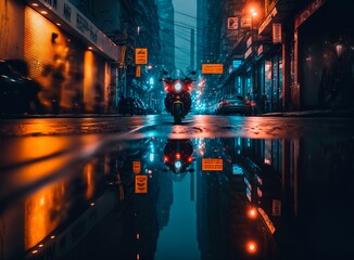 Generative AI photorealistic illustration of a Rainy foggy night on a street of a cyberpunk city. Huge neon skyscrapers. Wet asphalt reflecting glowing neon lights. Gloomy urban scene.