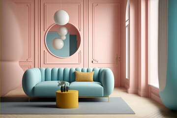 Illustration of a 3d stylized modern living room - 3d -  pastel colors - Created with generative ai