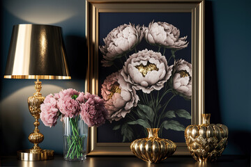 Interior design with peony flowers. Golden accessories floral decoration. Generative AI