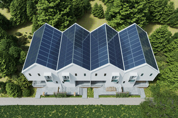 Top view solar panels on the roof of the modern house.