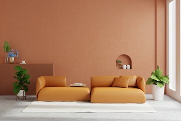 Living room have orange leather sofa and decoration minimal on dark brown wall.