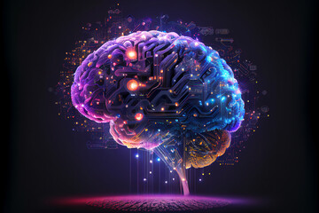 Human brain showing Intelligent thinking processing through the concept of a neural network printed circuit of big data and artificial intelligence, computer Generative AI stock illustration image - obrazy, fototapety, plakaty