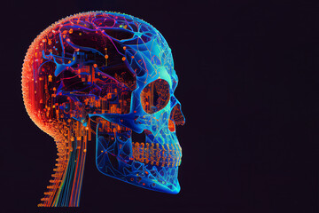 Blue human skull showing Intelligent thinking through the concept of a neural brain network printed circuit of big data and artificial intelligence, computer Generative AI stock illustration image
