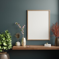 Mockup poster frame in minimalist interior background with dark wall. © Vanitjan