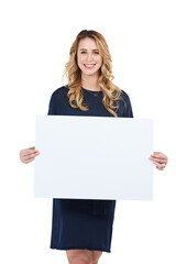 Naklejka premium An attractive young woman holding a blank placard isolated on a PNG background.