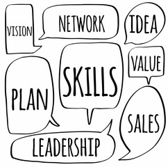 Set doodle hand drawn speech bubbles of VISION, NETWORK, PLAN, SKILLS, LEADERSHIP, IDEA, VALUE, SALES. Vector design illustration