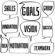 Set doodle hand drawn speech bubbles of SKILLS, INNOVATION, GOALS, VISION, GROUP, SUCCESS, IDEA, MOTIVATION, TEAMWORK. Vector design illustration